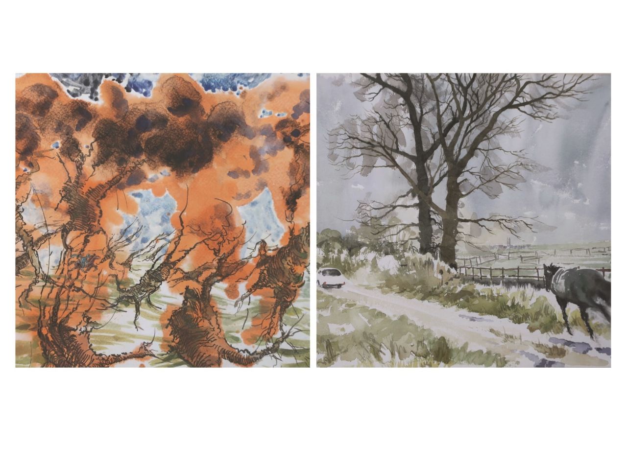 Collage von Felix Felbermayer: links: "№ 19 aus der Mussorgski-Serie", 2021, Aquarell, Tusche und Kohle auf Papier; rechts: "Tree, car and horse (film still)", 2023, Aquarell auf Papier (© Felix Felbermayer)